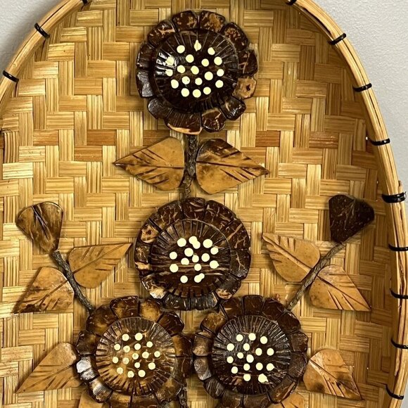 2 Vintage 70s Oval Wooden Wall Art Flowers Polynesian Tiki Boho Chic 10" - Picture 7 of 15